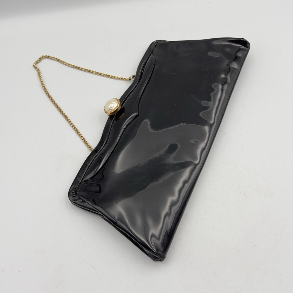 Vtg Black Clutch Purse‎ Hinged Chain Retro Handbag Formal MCM Pearl Clasp